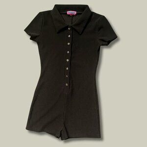 Y2K Black Ribbed Button Front Romper Collared Short Sleeve Size S
